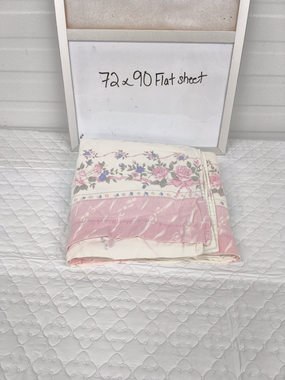 Vintage 1980s Romantic Pink Rose & Ribbon Twin Flat Sheet